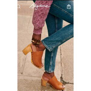 Sezane Dakota High Clogs in Terracotta Red Wooden Heels Buckle Chunky Platform